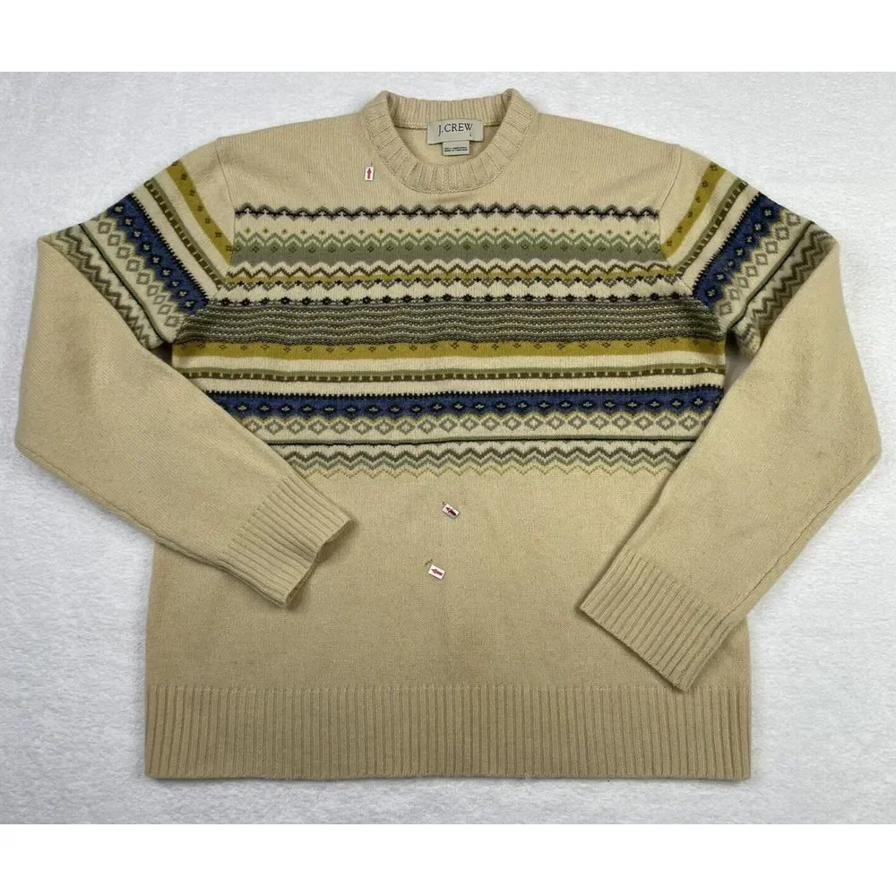 Vintage J Crew Men Cream 100% Lambswool L/S Fair Isle Sweater size‎ L.
